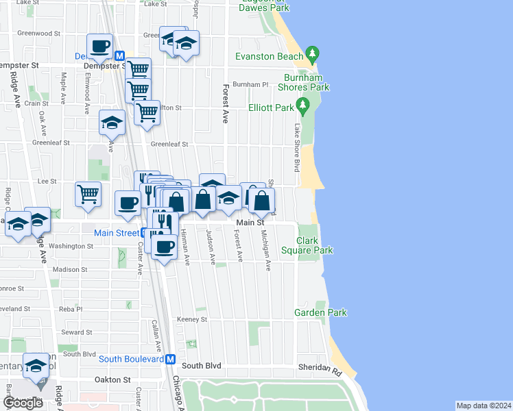 map of restaurants, bars, coffee shops, grocery stores, and more near 923 Michigan Avenue in Evanston
