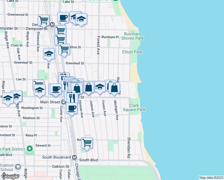 map of restaurants, bars, coffee shops, grocery stores, and more near 923 Michigan Avenue in Evanston