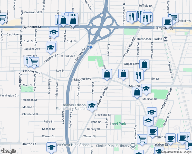 map of restaurants, bars, coffee shops, grocery stores, and more near 5443 Lincoln Avenue in Skokie