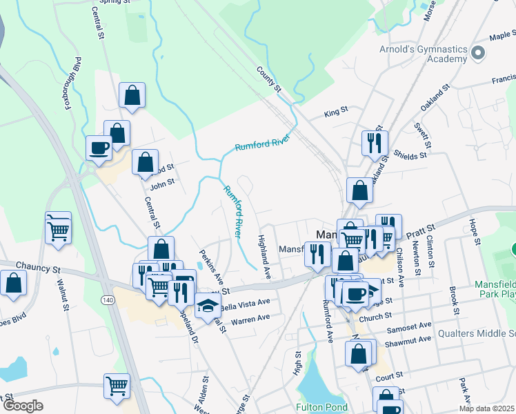 map of restaurants, bars, coffee shops, grocery stores, and more near 88 Highland Avenue in Mansfield