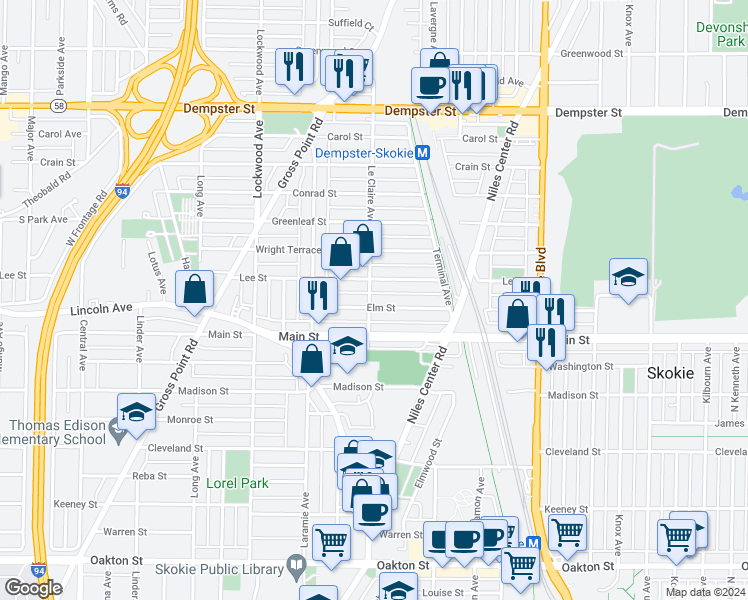 map of restaurants, bars, coffee shops, grocery stores, and more near 5058 Elm Street in Skokie