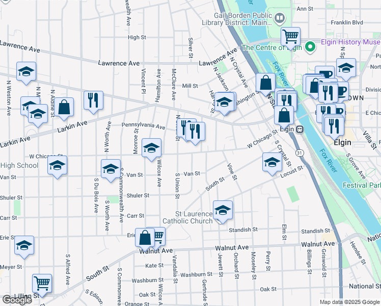 map of restaurants, bars, coffee shops, grocery stores, and more near 733 West Chicago Street in Elgin