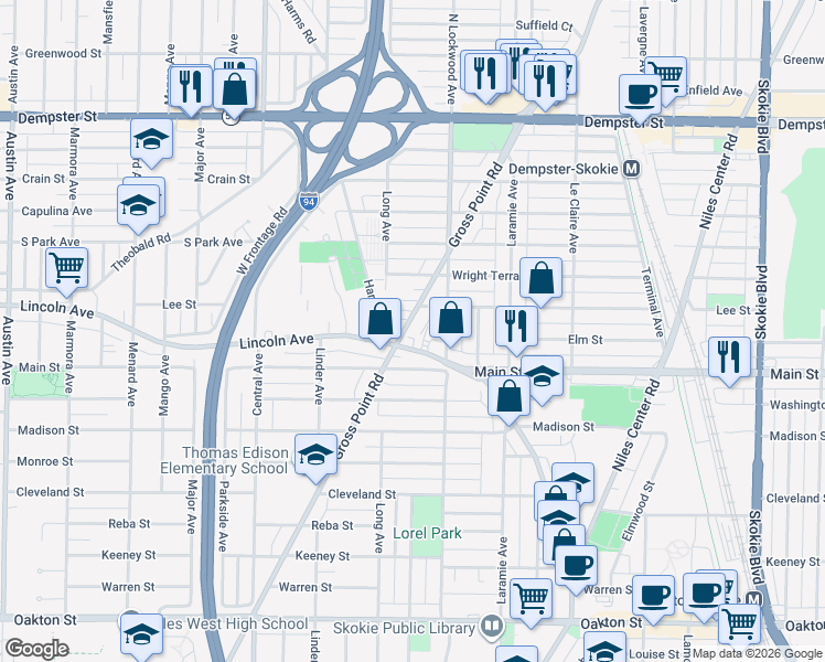 map of restaurants, bars, coffee shops, grocery stores, and more near 5328 Lincoln Avenue in Skokie