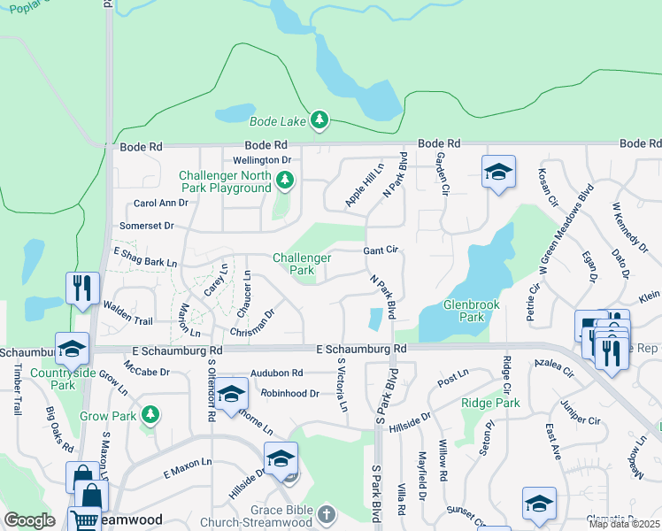 map of restaurants, bars, coffee shops, grocery stores, and more near 15 Gant Circle in Streamwood