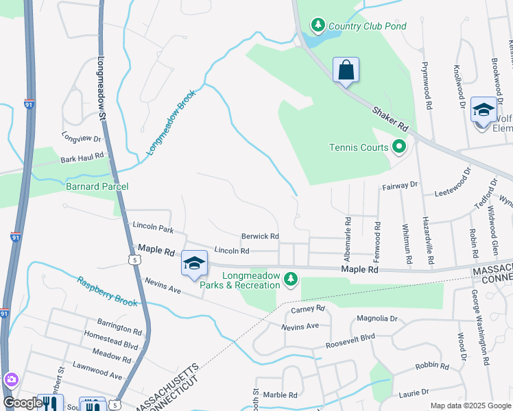 map of restaurants, bars, coffee shops, grocery stores, and more near 144 Franklin Road in Longmeadow