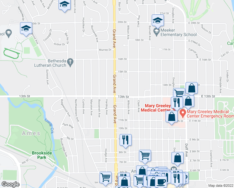 map of restaurants, bars, coffee shops, grocery stores, and more near 629 13th Street in Ames