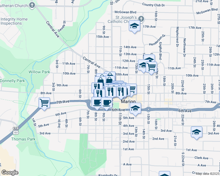 map of restaurants, bars, coffee shops, grocery stores, and more near 860 10th Street in Marion