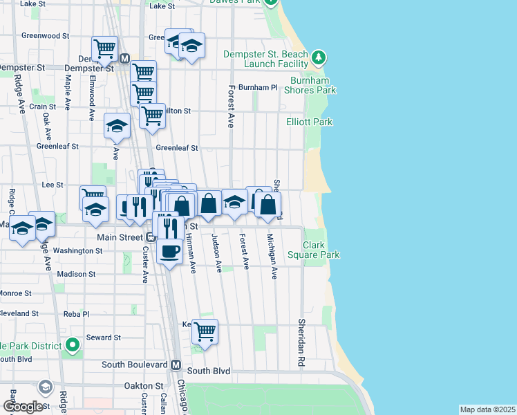 map of restaurants, bars, coffee shops, grocery stores, and more near 916 Michigan Avenue in Evanston