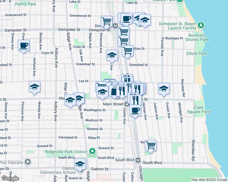 map of restaurants, bars, coffee shops, grocery stores, and more near 914 Sherman Avenue in Evanston