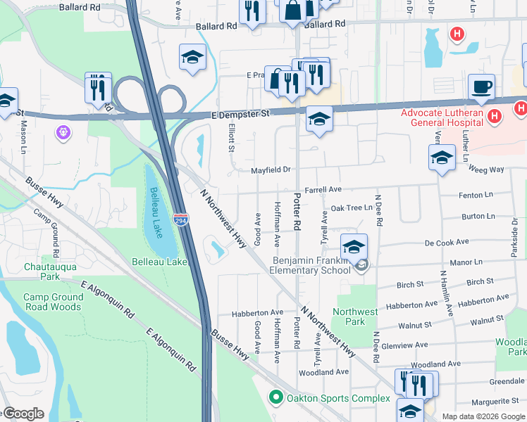 map of restaurants, bars, coffee shops, grocery stores, and more near 1512 Good Avenue in Park Ridge