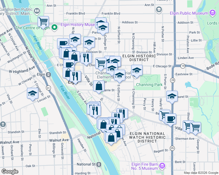 map of restaurants, bars, coffee shops, grocery stores, and more near 389 Prairie Street in Elgin