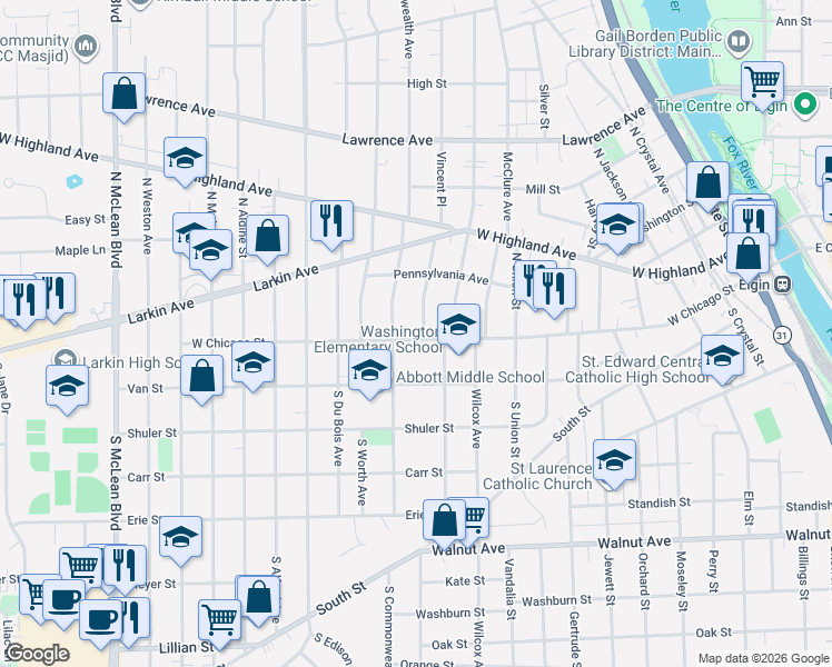 map of restaurants, bars, coffee shops, grocery stores, and more near 875 West Chicago Street in Elgin