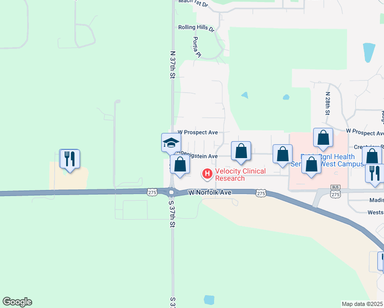 map of restaurants, bars, coffee shops, grocery stores, and more near 3506-3542 Koenigstein Avenue in Norfolk