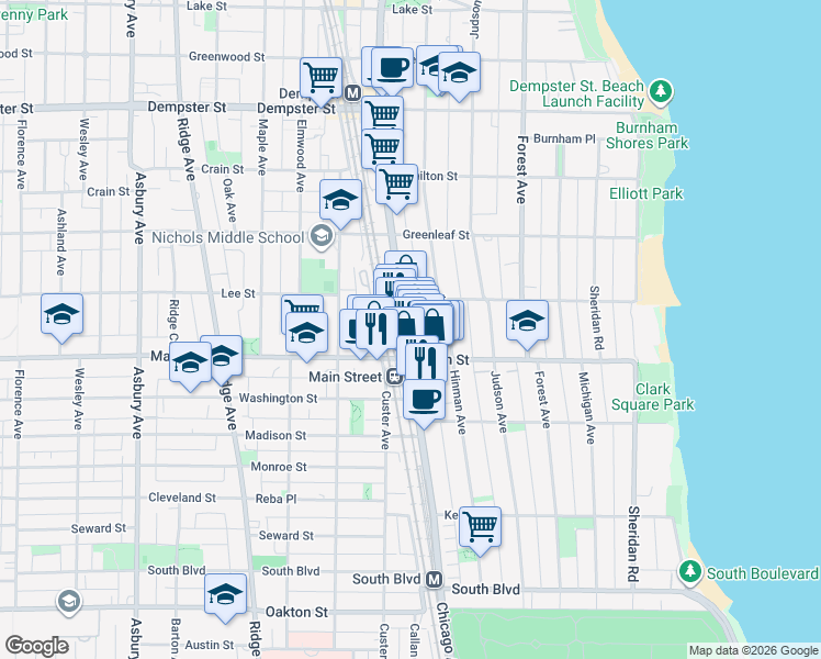 map of restaurants, bars, coffee shops, grocery stores, and more near 917 Hinman Avenue in Evanston