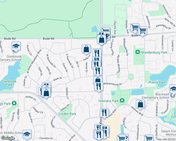 map of restaurants, bars, coffee shops, grocery stores, and more near 107 Heine Drive in Streamwood