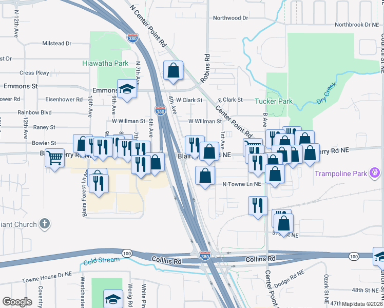 map of restaurants, bars, coffee shops, grocery stores, and more near Blairs Ferry Road Northeast in Linn County