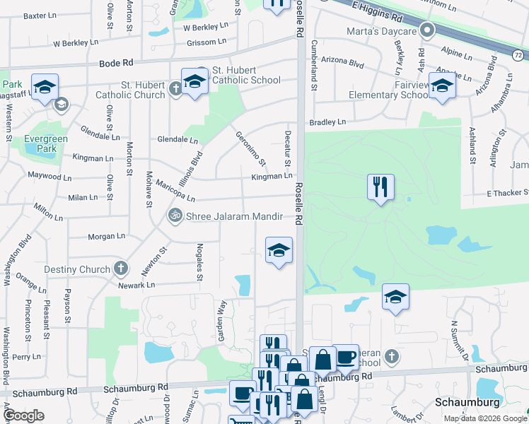 map of restaurants, bars, coffee shops, grocery stores, and more near 75 Thacker Street West in Schaumburg