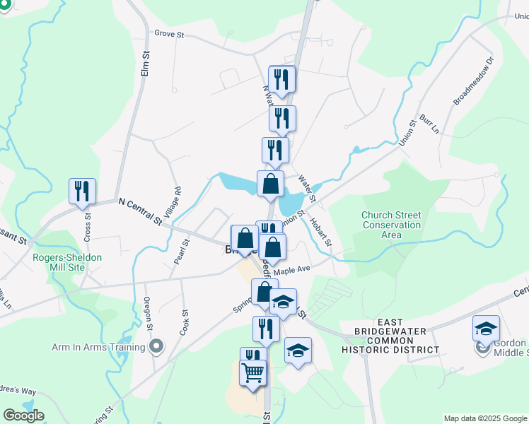 map of restaurants, bars, coffee shops, grocery stores, and more near 36 North Bedford Street in East Bridgewater