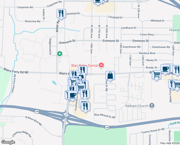 map of restaurants, bars, coffee shops, grocery stores, and more near 3905 Blairs Ferry Road Northeast in Cedar Rapids