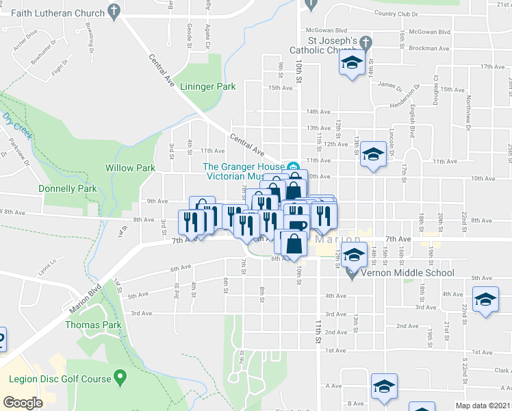 map of restaurants, bars, coffee shops, grocery stores, and more near 758 8th Avenue in Marion