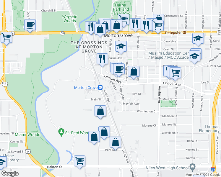 map of restaurants, bars, coffee shops, grocery stores, and more near 8461 Callie Avenue in Morton Grove