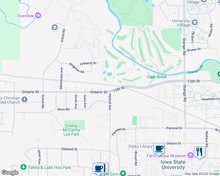map of restaurants, bars, coffee shops, grocery stores, and more near 2803 Ontario Street in Ames