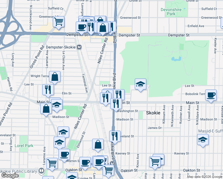 map of restaurants, bars, coffee shops, grocery stores, and more near 4750 Elm Terrace in Skokie
