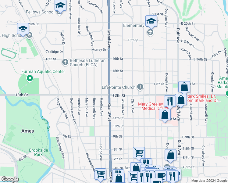 map of restaurants, bars, coffee shops, grocery stores, and more near 625 13th Street in Ames