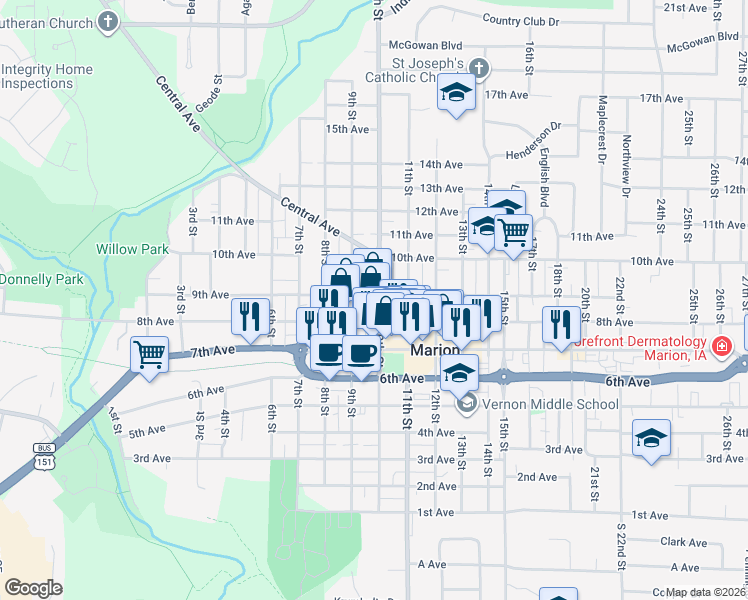 map of restaurants, bars, coffee shops, grocery stores, and more near 888 10th Street in Marion