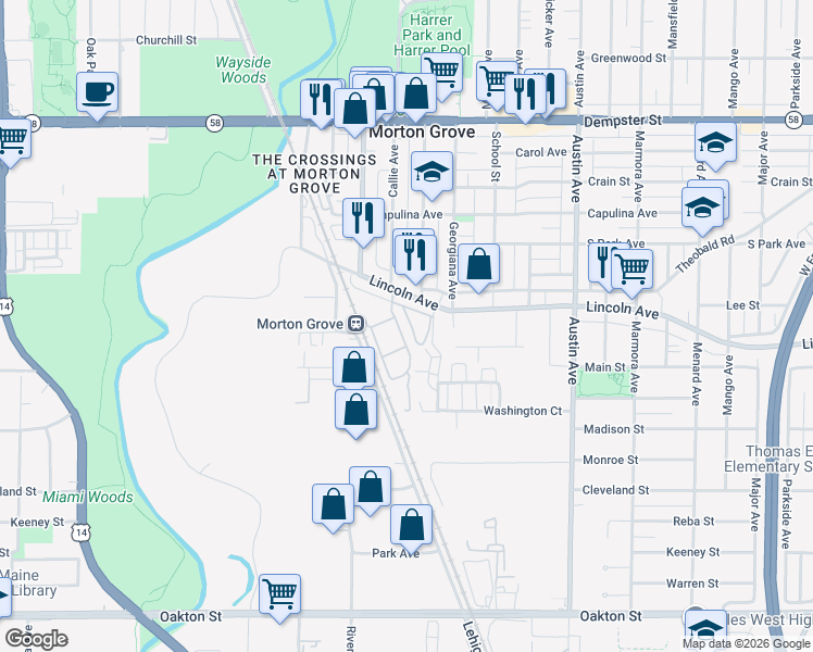 map of restaurants, bars, coffee shops, grocery stores, and more near 8461 Callie Avenue in Morton Grove