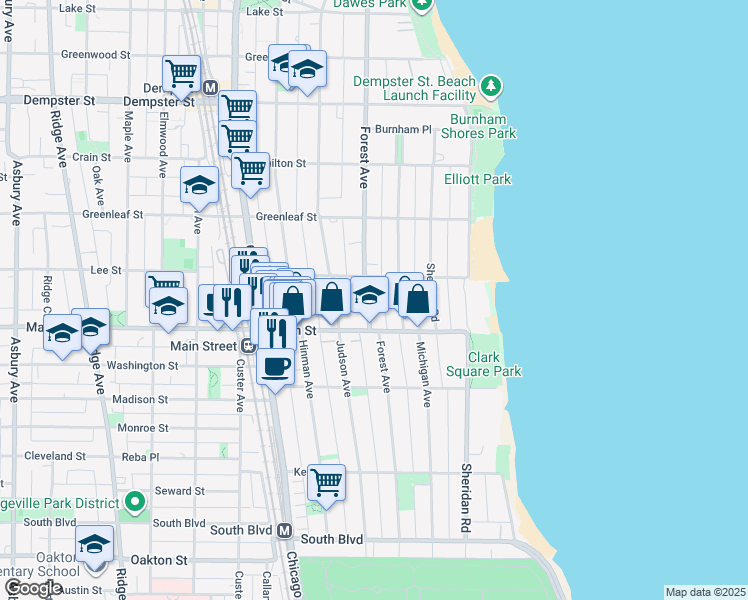 map of restaurants, bars, coffee shops, grocery stores, and more near 917 Forest Avenue in Evanston