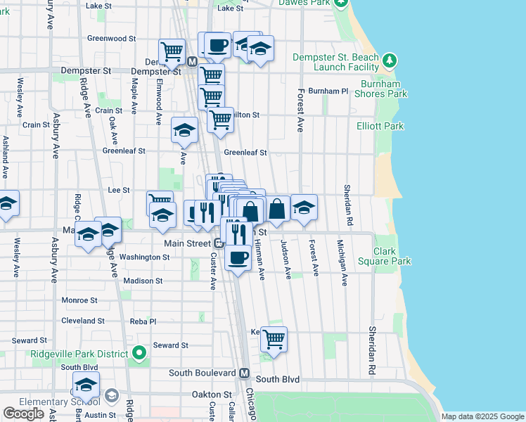 map of restaurants, bars, coffee shops, grocery stores, and more near 918 Hinman Avenue in Evanston