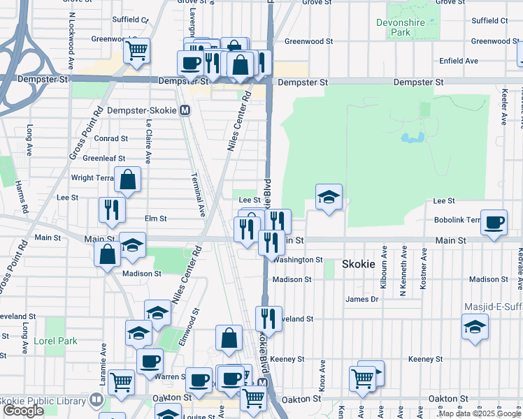 map of restaurants, bars, coffee shops, grocery stores, and more near 4750 Elm Terrace in Skokie