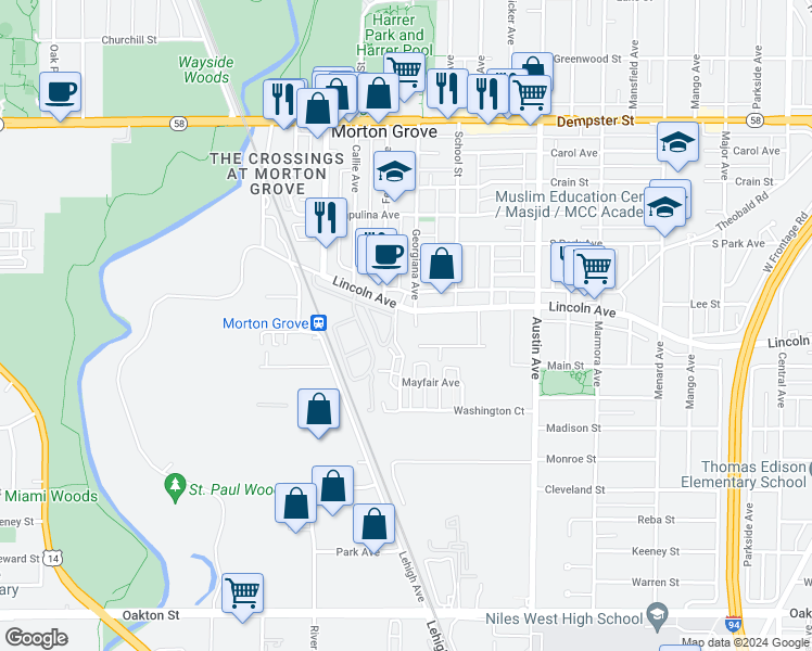 map of restaurants, bars, coffee shops, grocery stores, and more near 6152 Elm Street in Morton Grove