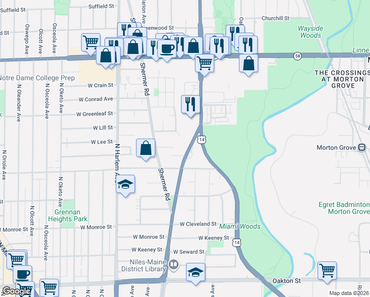 map of restaurants, bars, coffee shops, grocery stores, and more near 6948 West Georgia Drive in Niles