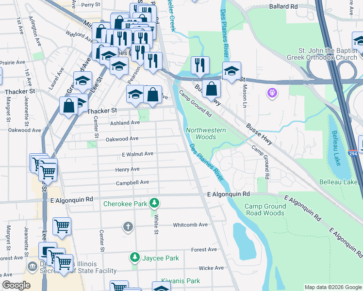 map of restaurants, bars, coffee shops, grocery stores, and more near 1052 South River Road in Des Plaines