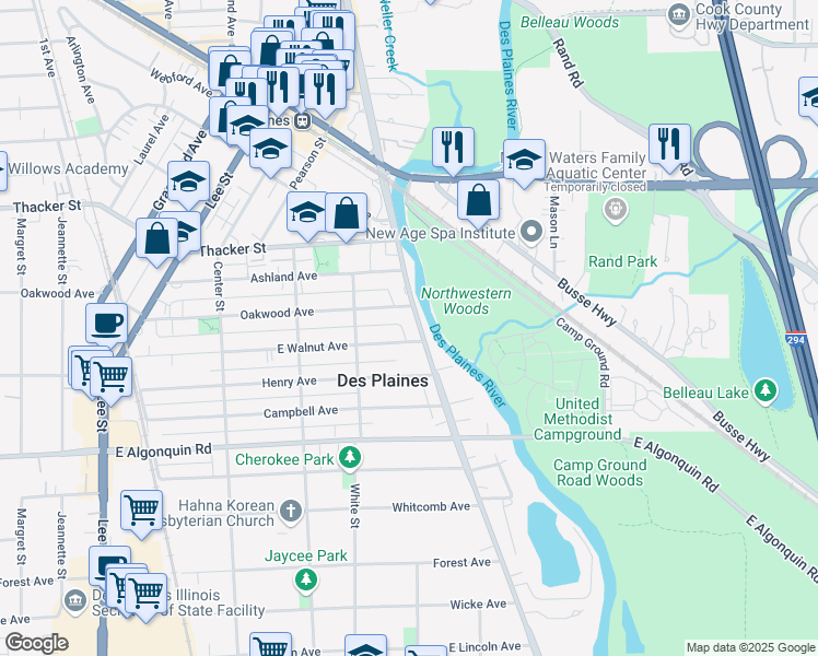 map of restaurants, bars, coffee shops, grocery stores, and more near 1052 South River Road in Des Plaines