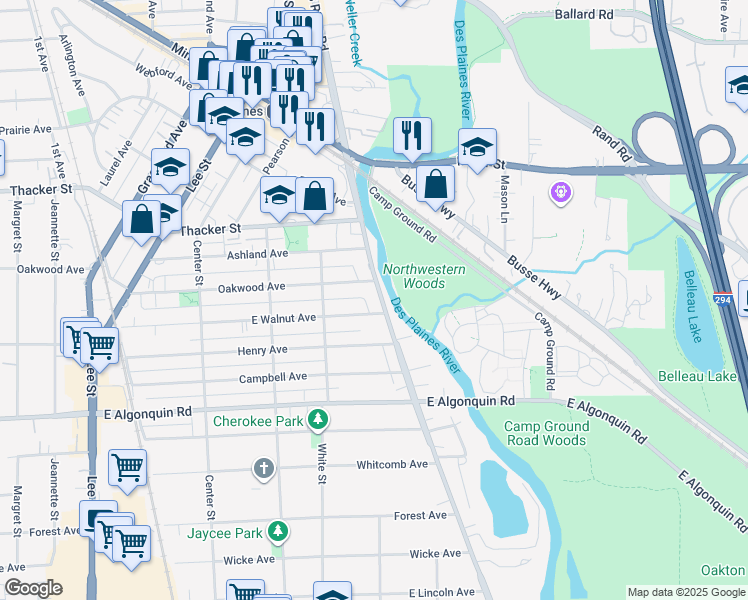 map of restaurants, bars, coffee shops, grocery stores, and more near 1052 South River Road in Des Plaines