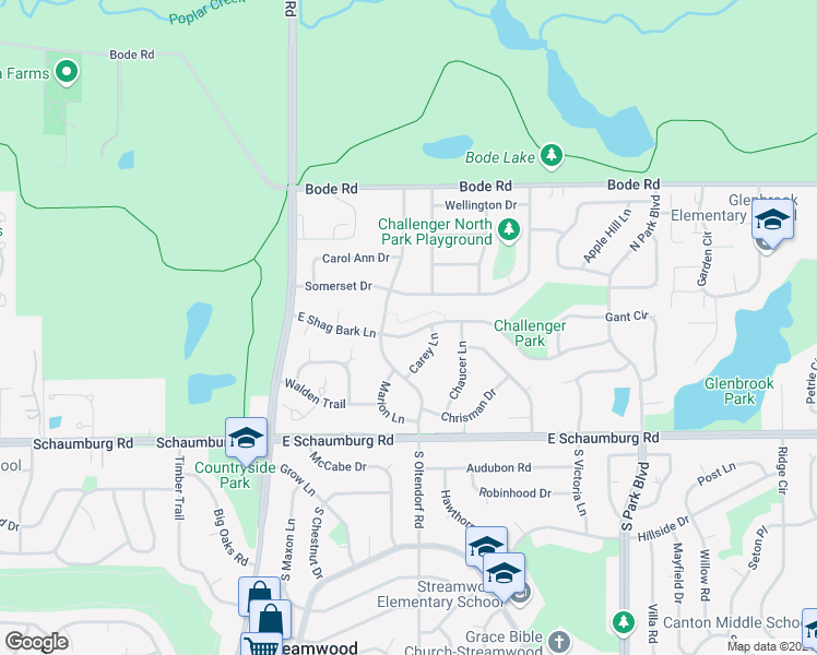 map of restaurants, bars, coffee shops, grocery stores, and more near 230 East Shag Bark Lane in Streamwood