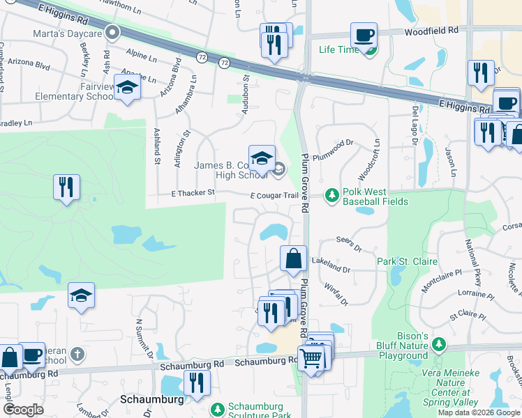 map of restaurants, bars, coffee shops, grocery stores, and more near 634 Breakers Point in Schaumburg