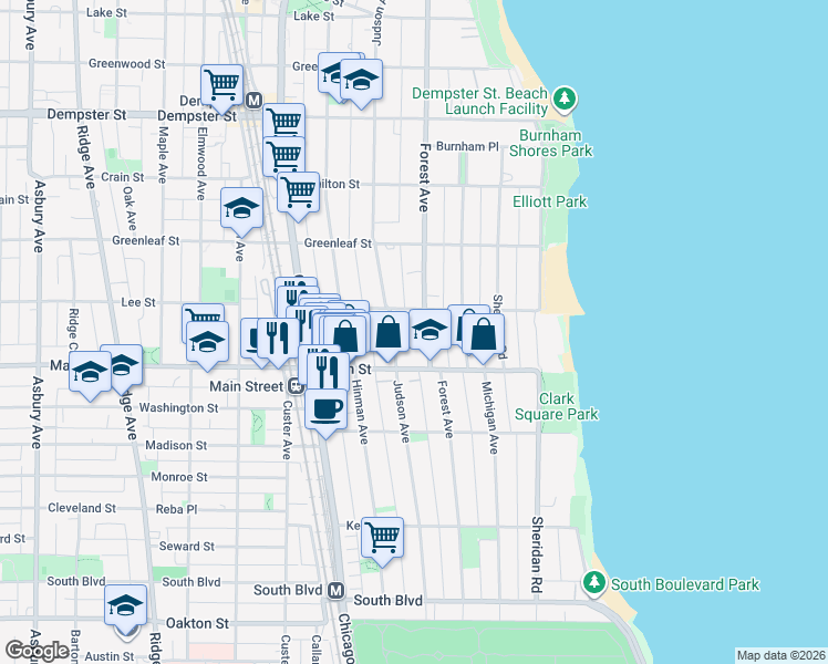 map of restaurants, bars, coffee shops, grocery stores, and more near 917 Forest Avenue in Evanston