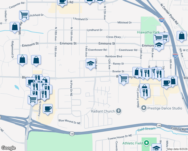 map of restaurants, bars, coffee shops, grocery stores, and more near 322 13th Avenue in Hiawatha