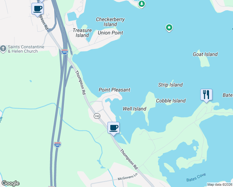 map of restaurants, bars, coffee shops, grocery stores, and more near 65 Point Pleasant Road in Webster