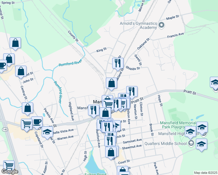 map of restaurants, bars, coffee shops, grocery stores, and more near 280 School Street in Mansfield