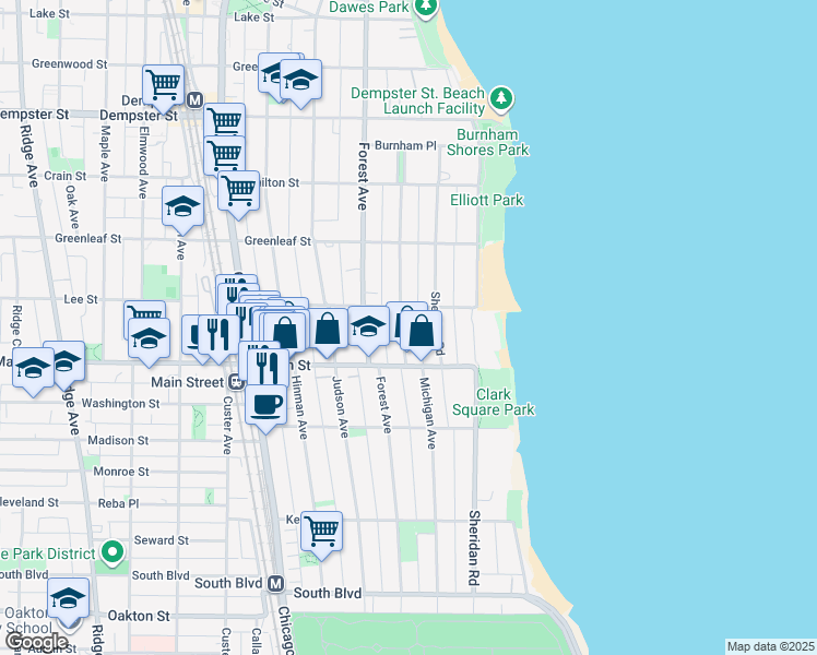 map of restaurants, bars, coffee shops, grocery stores, and more near 916 Michigan Avenue in Evanston