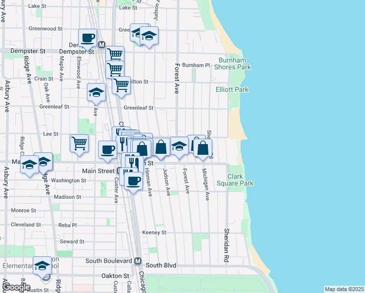 map of restaurants, bars, coffee shops, grocery stores, and more near 917 Forest Avenue in Evanston