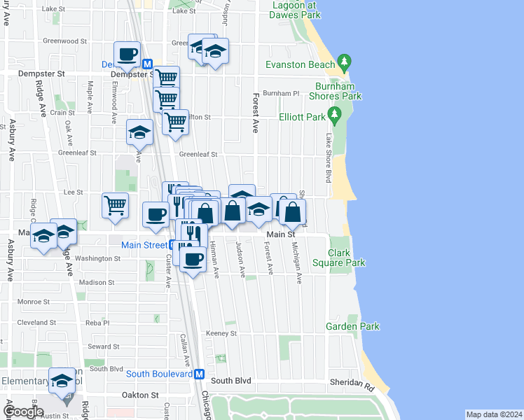 map of restaurants, bars, coffee shops, grocery stores, and more near 917 Forest Avenue in Evanston