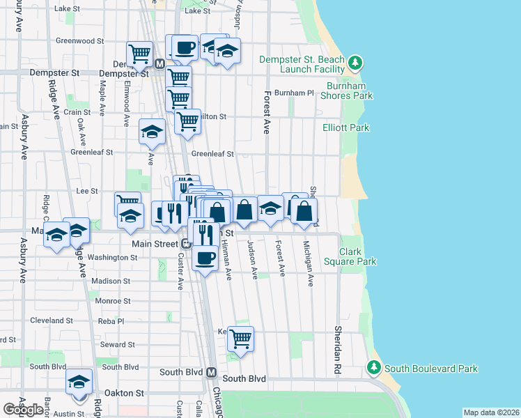 map of restaurants, bars, coffee shops, grocery stores, and more near 917 Forest Avenue in Evanston
