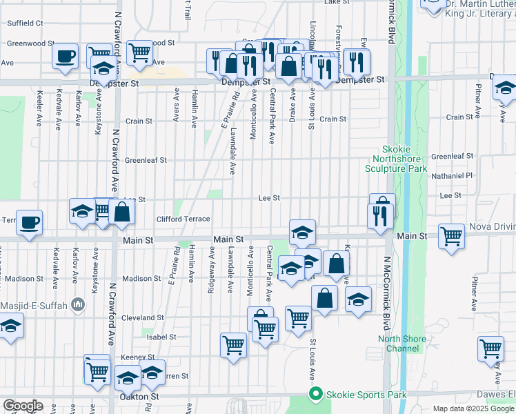 map of restaurants, bars, coffee shops, grocery stores, and more near 8424 Central Park Avenue in Skokie