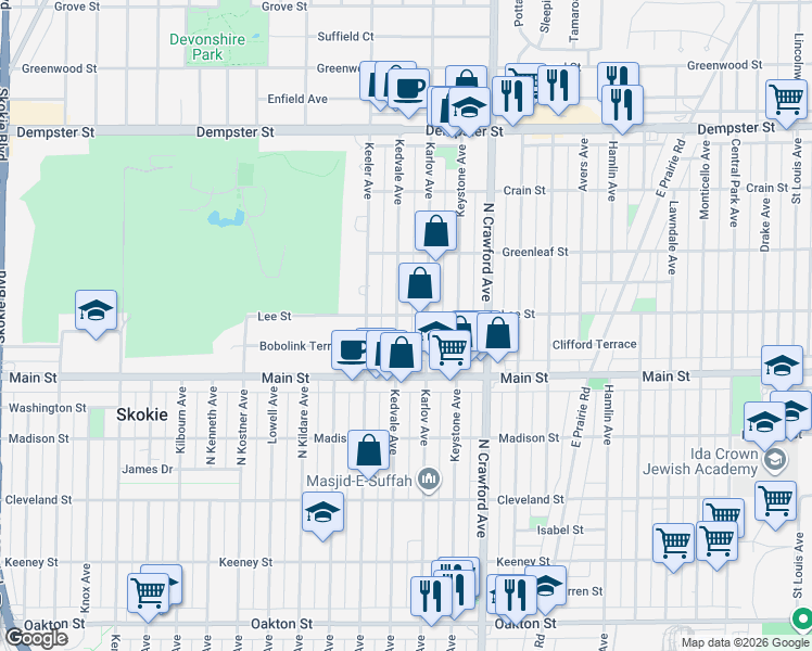 map of restaurants, bars, coffee shops, grocery stores, and more near 8432 Karlov Avenue in Skokie